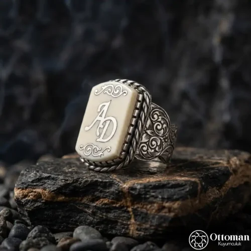 Harfli Taşlı Gümüş Erkek Yüzük