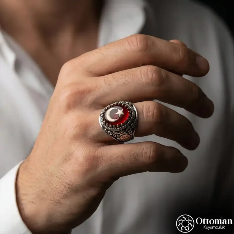 Ay Yıldızlı İsimli Gümüş Erkek Yüzük