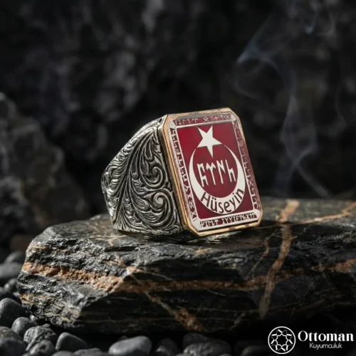 Ay Yıldızlı Kişiye Özel Gümüş Erkek Yüzük