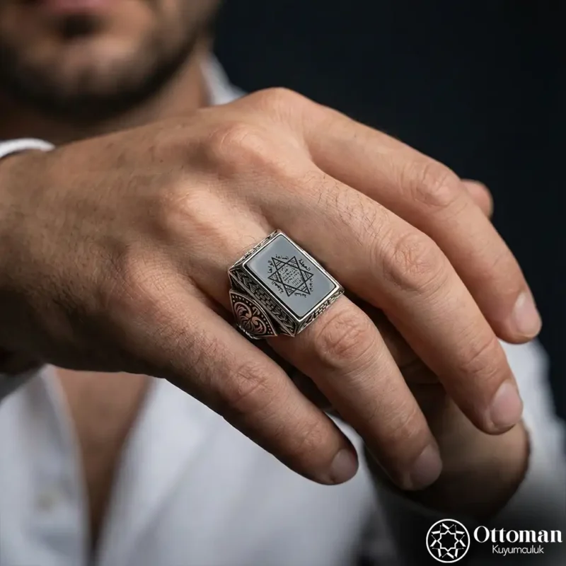 Siyah Taşlı Süleyman Mührü Gümüş Erkek Yüzük