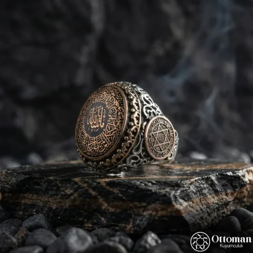 Nazar Dualı Süleyman Mührü İşlemeli Gümüş Erkek Yüzük