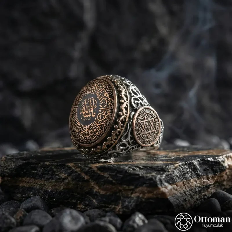 Nazar Dualı Süleyman Mührü İşlemeli Gümüş Erkek Yüzük