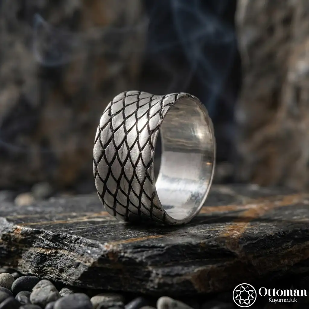 Snake Patterned Silver Men's Wedding Ring
