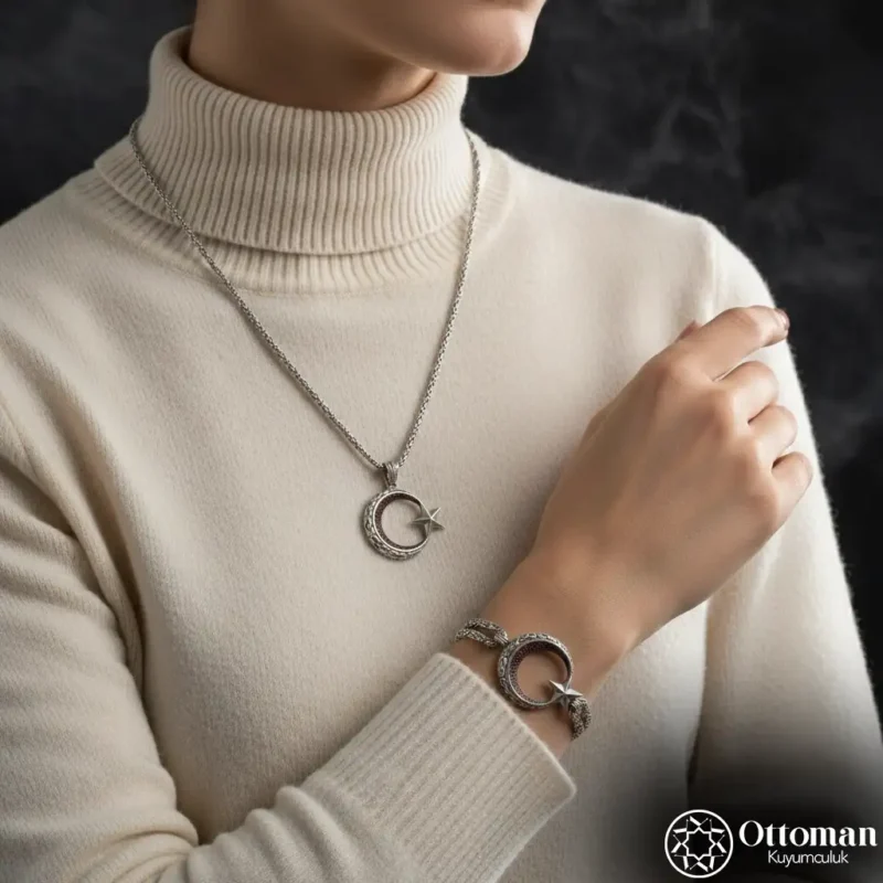 Ay Yıldız Gümüş Kolye ve Bileklik Set