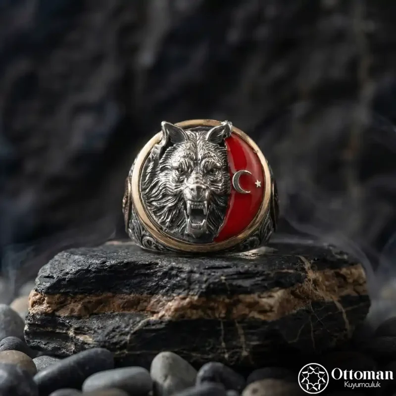 Ay Yıldızlı Bozkurt Gümüş Erkek Yüzük