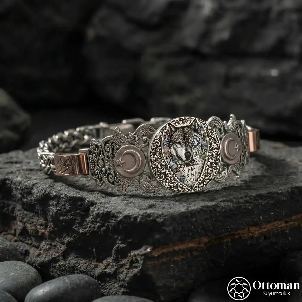 Grey Wolf Star and Crescent Silver Bracelet