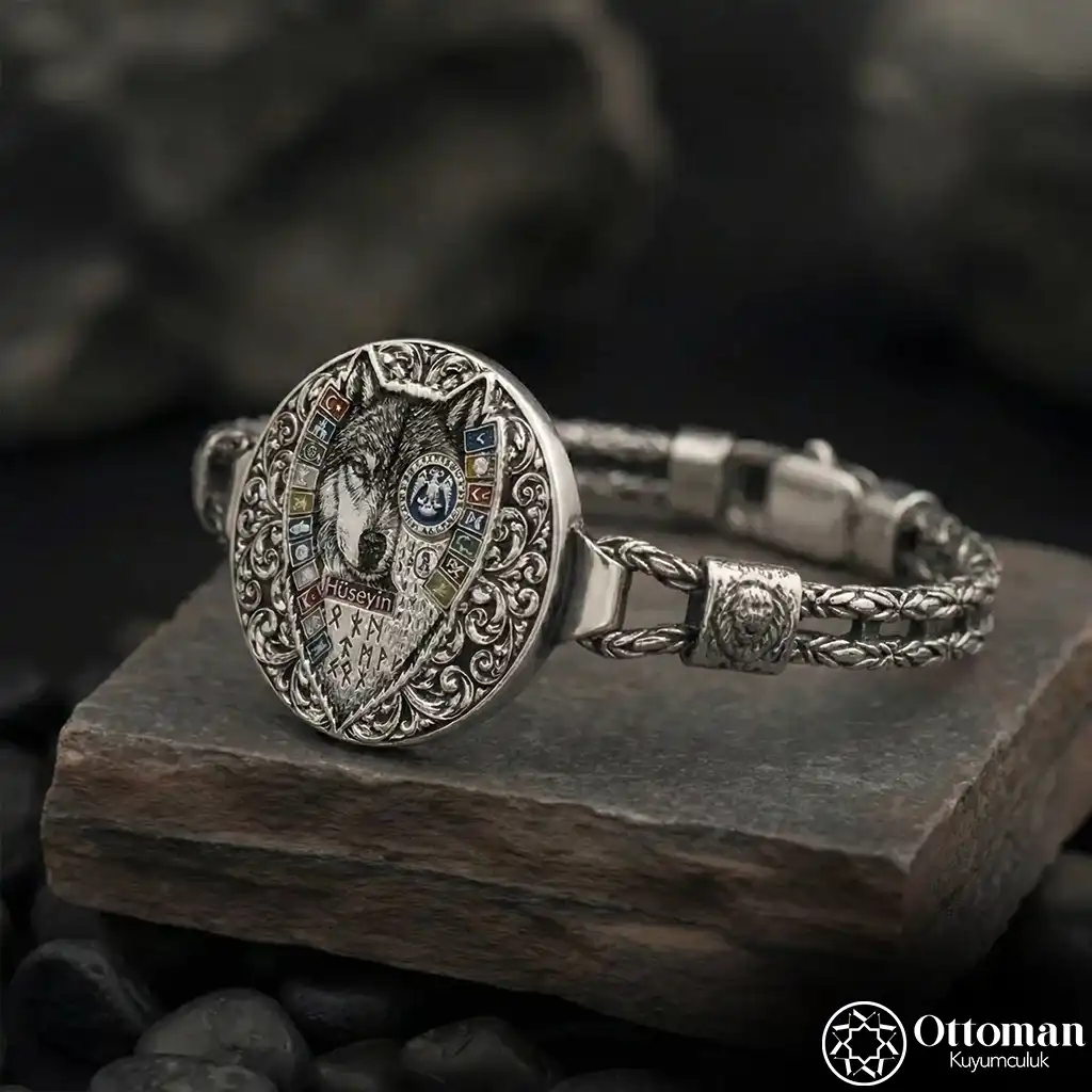 Grey Wolf Star and Crescent Silver Bracelet