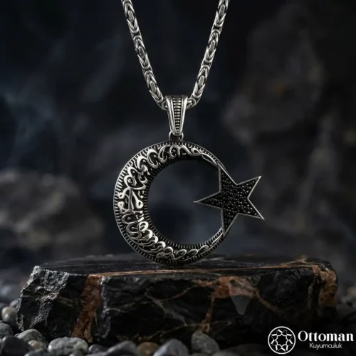 Siyah Ay Yıldız Gümüş Erkek Kolye