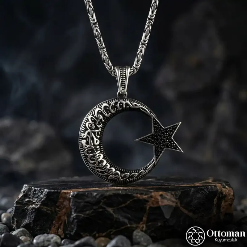 Siyah Ay Yıldız Gümüş Erkek Kolye