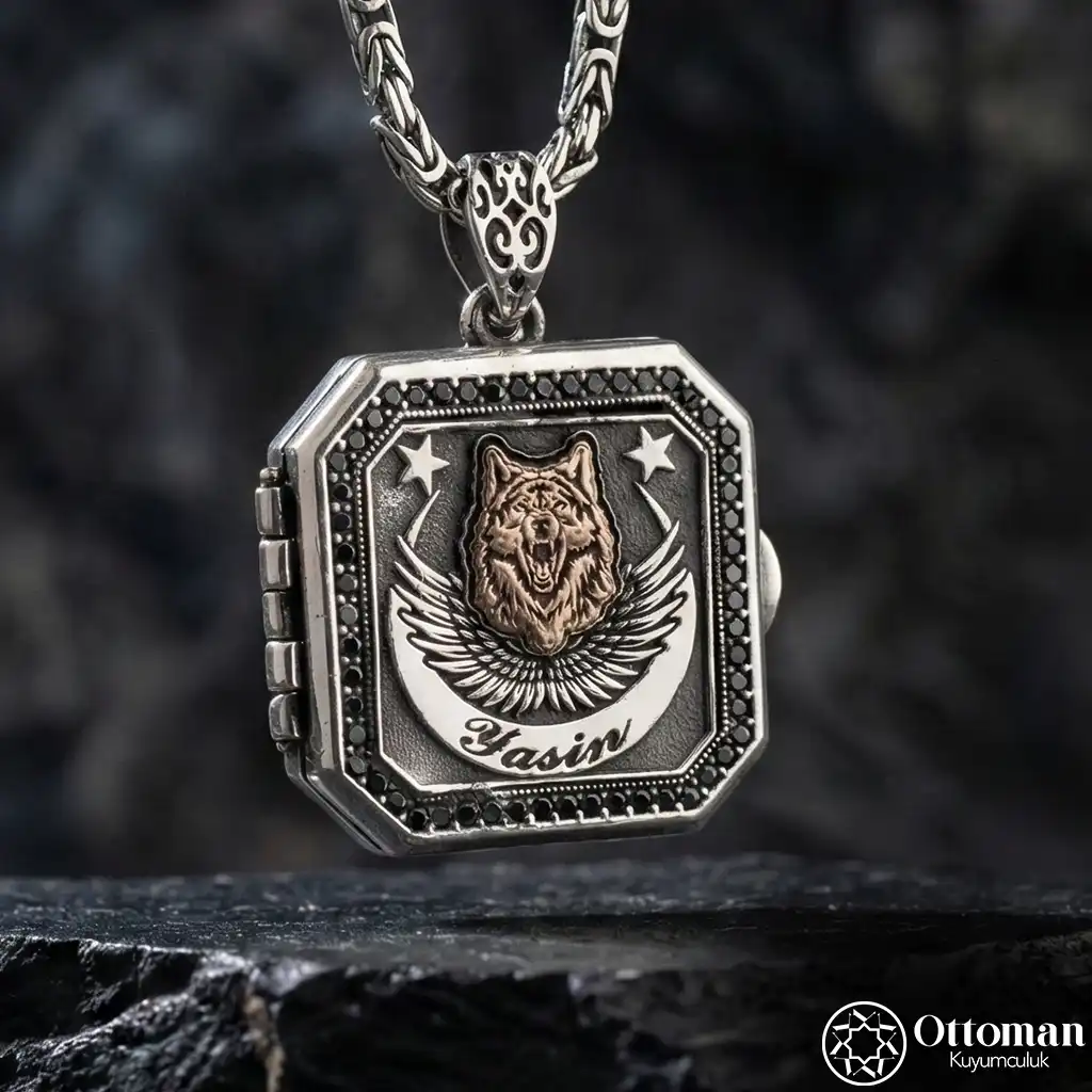 Personalized Star and Crescent Hinged Square Silver Medallion Necklace