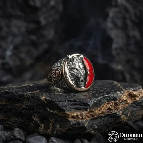 Ay Yıldızlı Bozkurt Gümüş Erkek Yüzük