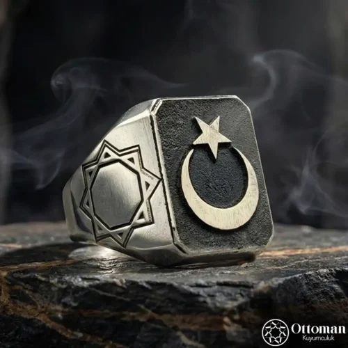 Geometrik Desenli Ay Yıldız Gümüş Yüzük