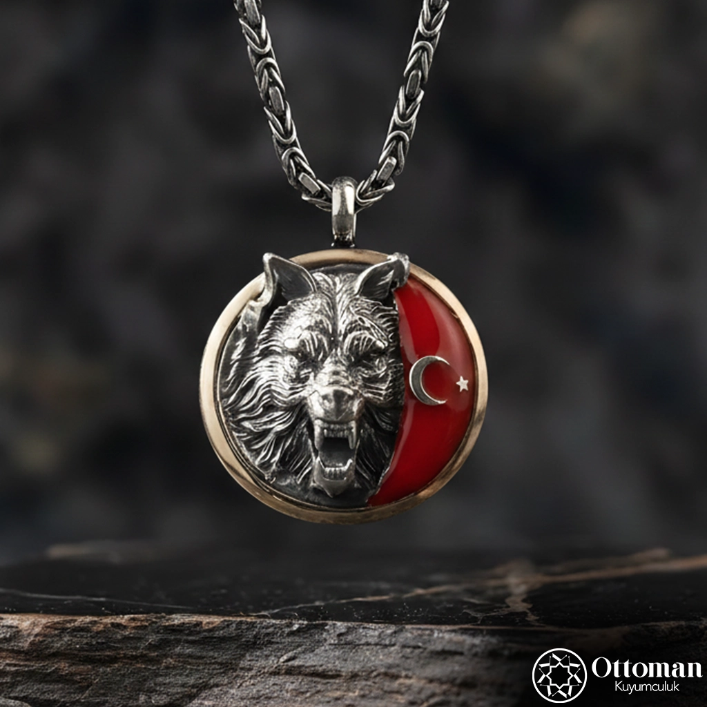 Star and Crescent Grey Wolf Silver Men's Necklace