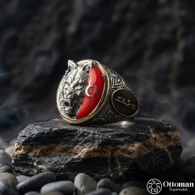 Ay Yıldızlı Bozkurt Gümüş Erkek Yüzük
