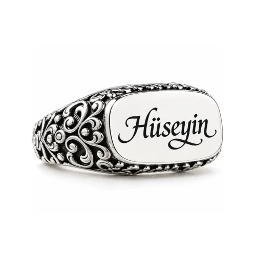 Hüseyin Yazılı Gümüş Mühür Yüzük Kişiye Özel İsim Yazılı Gümüş Yüzük