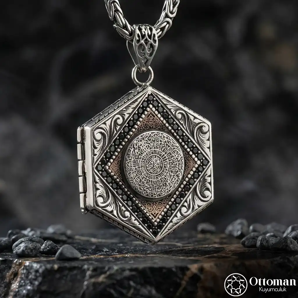 Prayer Hexagon Silver Medallion Necklace