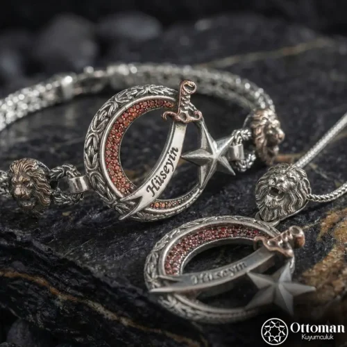 Ay Yıldızlı Kılıçlı Gümüş Bileklik ve Kolye Set