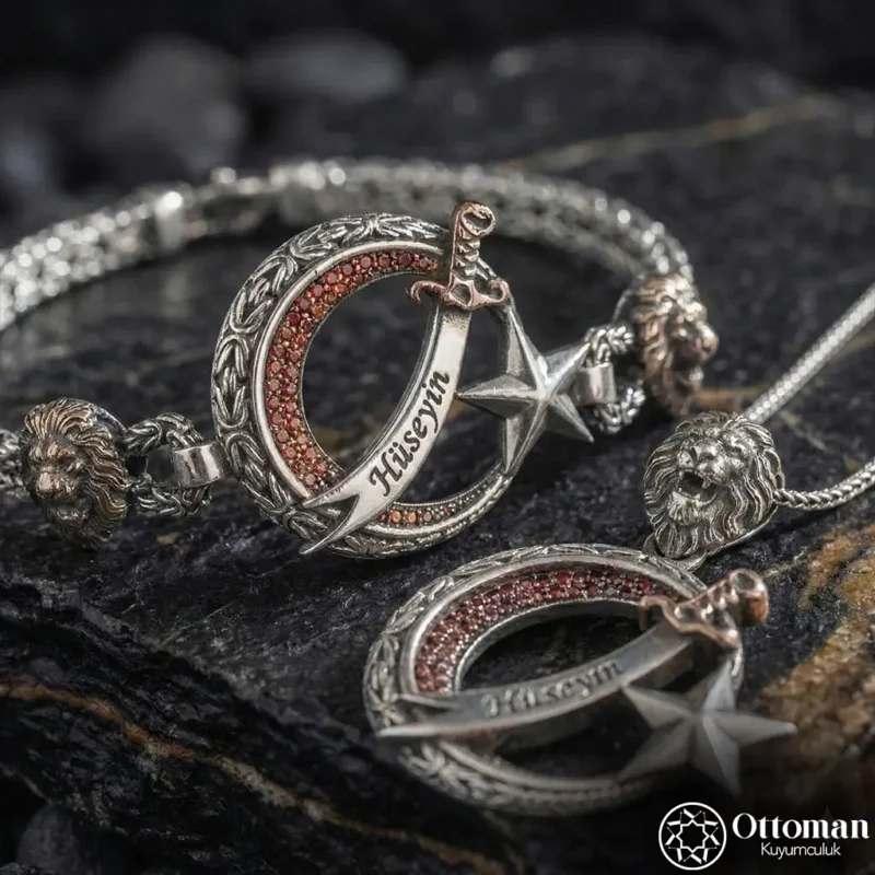 Ay Yıldızlı Kılıçlı Gümüş Bileklik ve Kolye Set