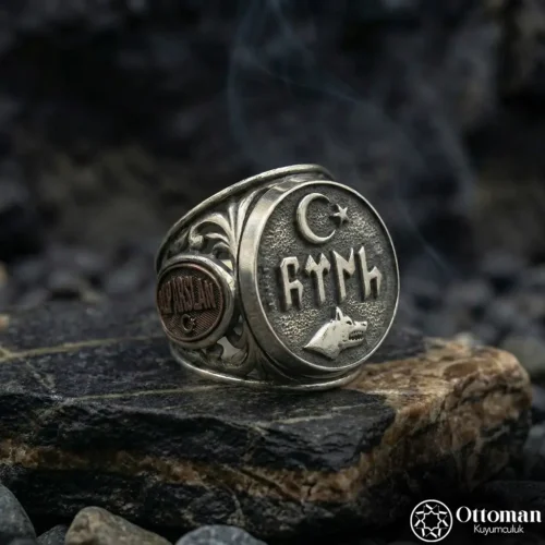 Türk Yazılı Ay Yıldızlı Bozkurt Gümüş Yüzük