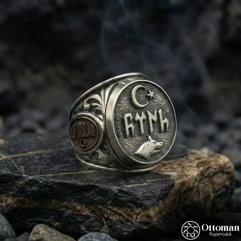 Türk Yazılı Ay Yıldızlı Bozkurt Gümüş Yüzük