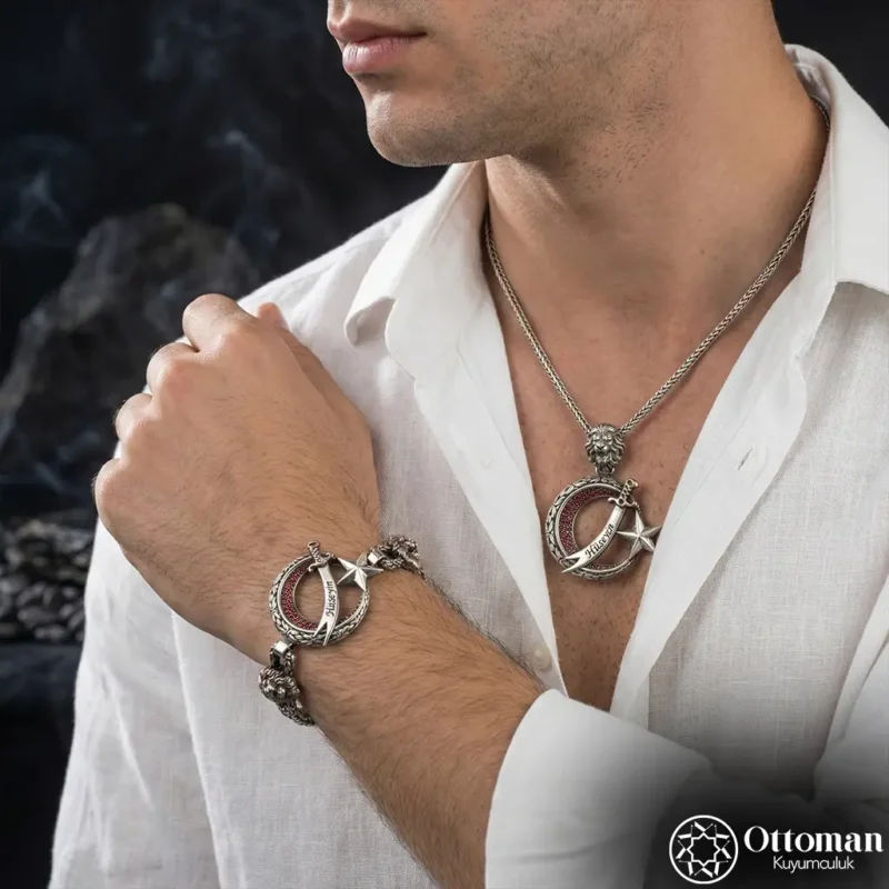 Ay Yıldızlı Kılıçlı Gümüş Bileklik ve Kolye Set