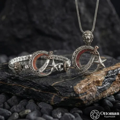 Ay Yıldızlı Kılıçlı Gümüş Bileklik ve Kolye Set
