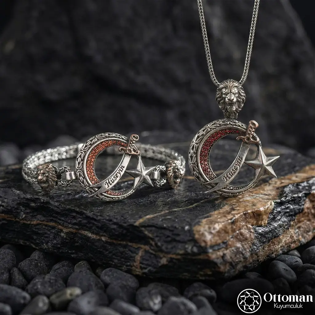 Zülfikar Star and Crescent Sword Silver Bracelet & Necklace Set