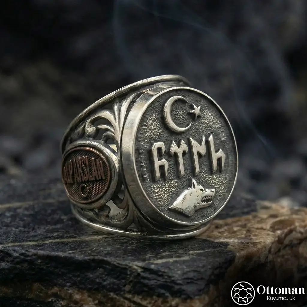 Turkish Engraved Star and Crescent Grey Wolf Silver Ring