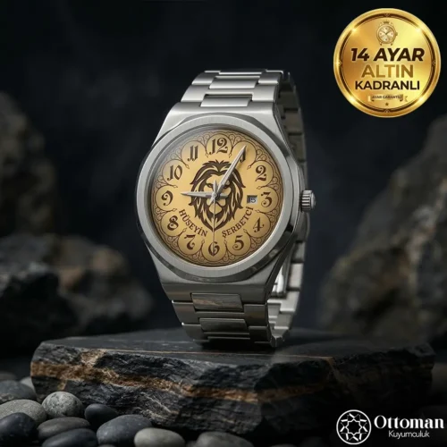 İsimli ve Aslan Figürlü 14 Ayar Altın Kadranlı Kol Saati