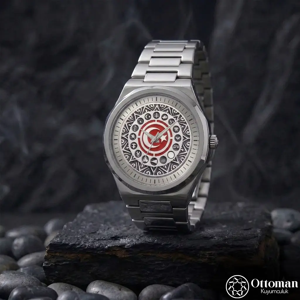 Star and Crescent Motif Silver Dial Wristwatch