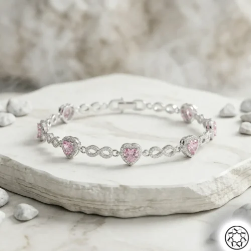 Tamtur Sonsuzluk ve Pembe Kalp Kadın Gümüş Bileklik
