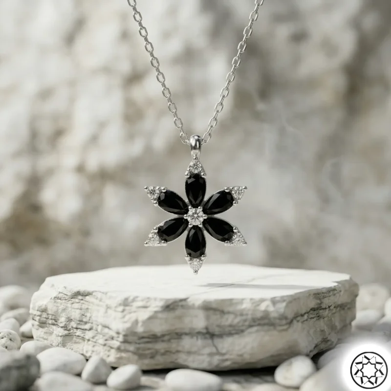Gemini_Generated_Image_li0d3mli0d3mli0d Siyah Çiçek Kadın Gümüş Kolye