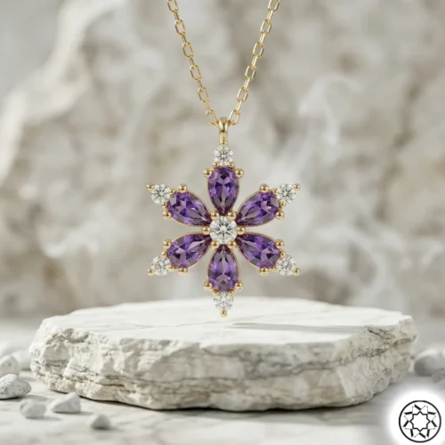Altın Yaldızlı Mor Lotus Çiçeği Gümüş Kolye
