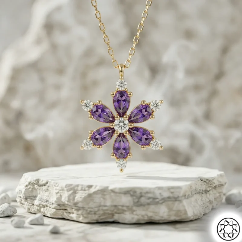 Altın Yaldızlı Mor Lotus Çiçeği Gümüş Kolye
