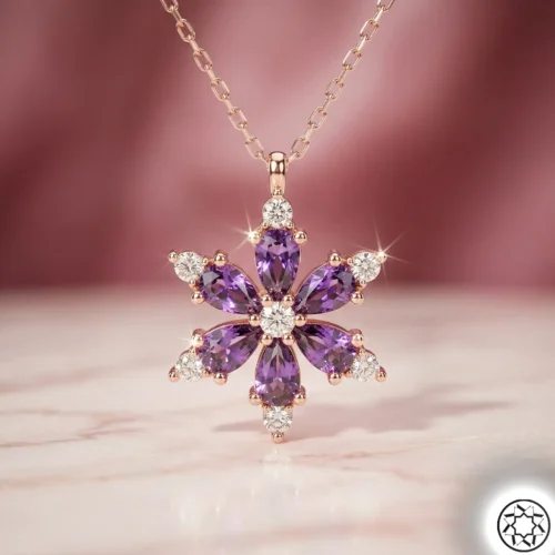 Mor Lotus Çiçeği Rose Gümüş Kolye