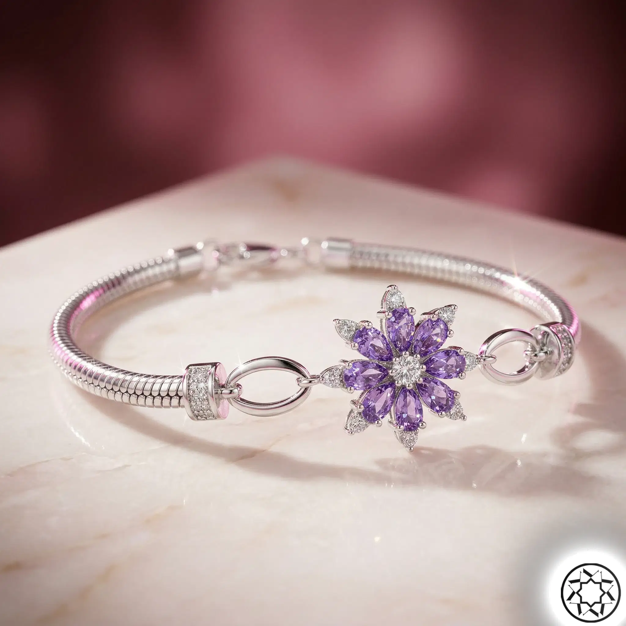 Purple Floral Fish Back Chain Women's Silver Bracelet