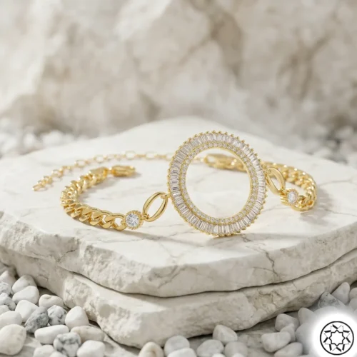 Altın Yaldızlı Yarım Altın Çerçeveli Kadın Gümüş Bileklik