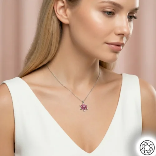 Kırmızı Çiçek Kadın Gümüş Kolye