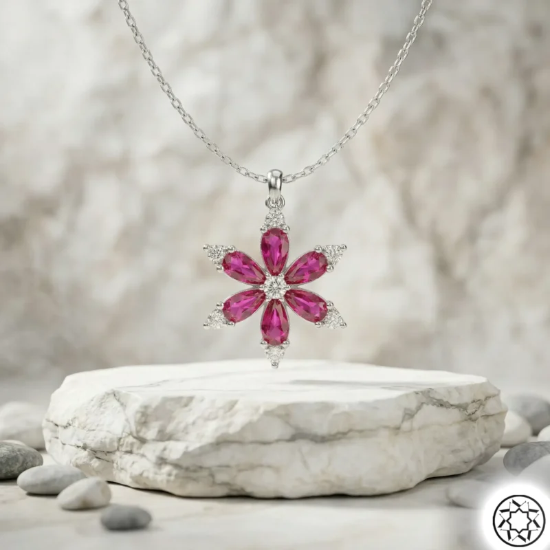 Kırmızı Çiçek Kadın Gümüş Kolye