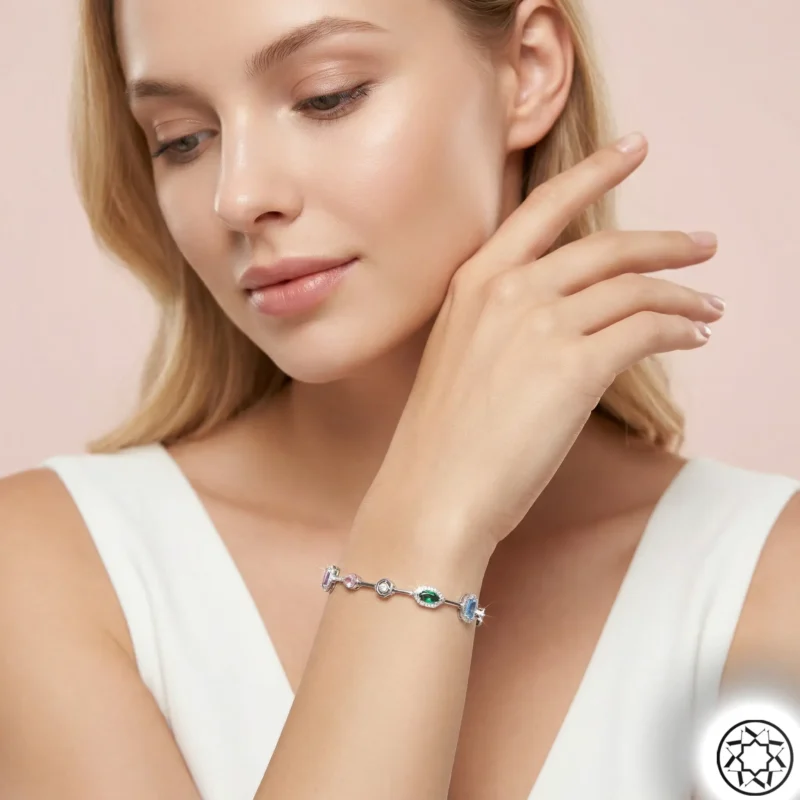 yerd Renkli (Mix) Taşlı Kadın Gümüş Bileklik Modeli