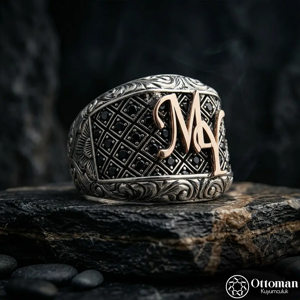 Initial & Stone-set Silver Ring
