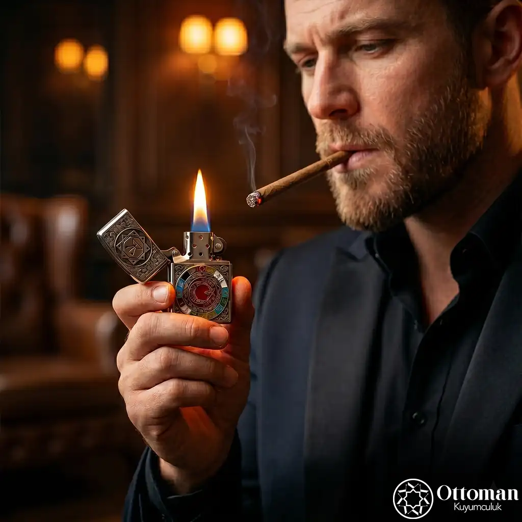 Üç Hilal ve Bozkurt figürlü premium gravürlü çakmak