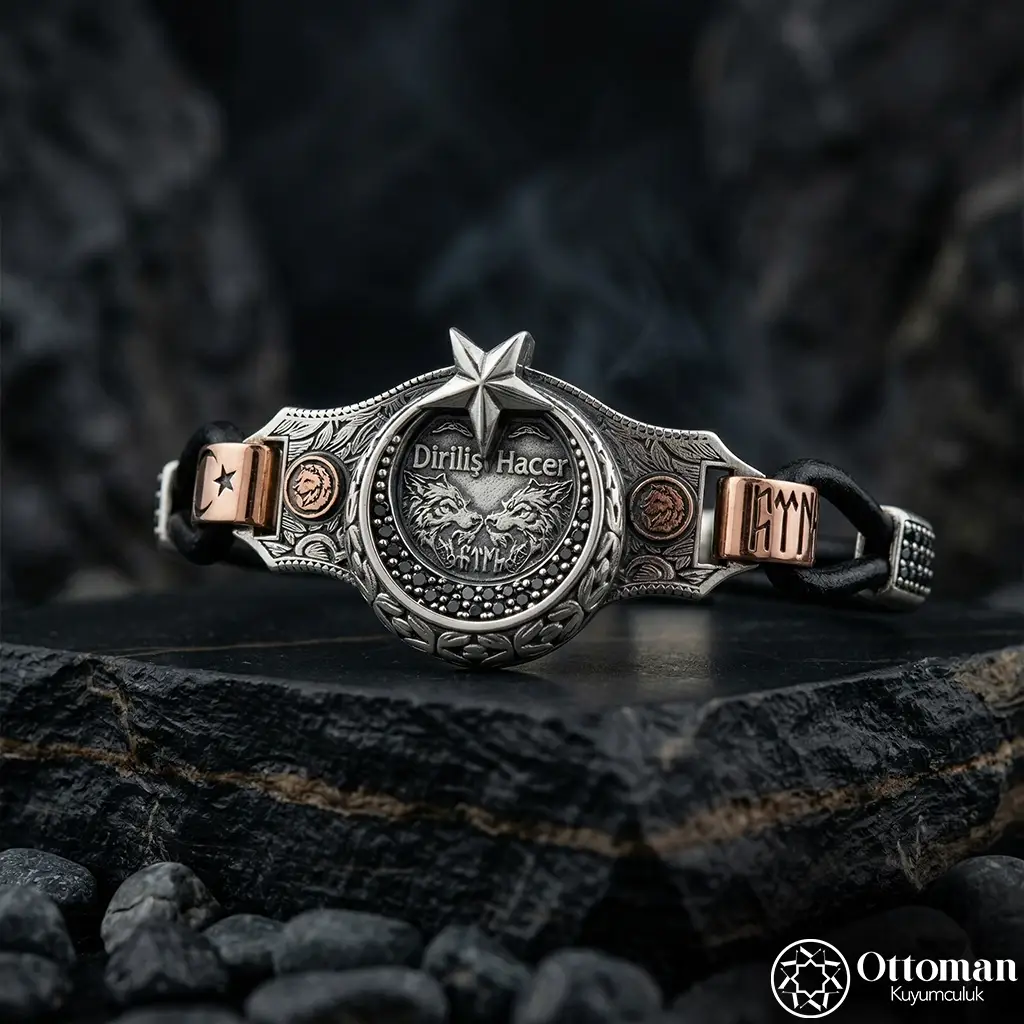 Leather Kayışlı Star and Crescent Personalized Silver Bracelet