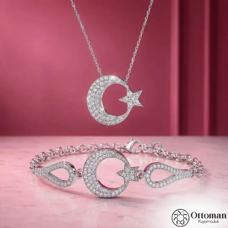 123s Ay Yıldız Kadın Gümüş Kolye ve Bileklik Set