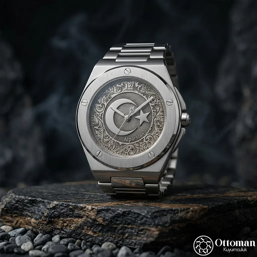 Star and Crescent Motif Silver Dial Men's Wristwatch