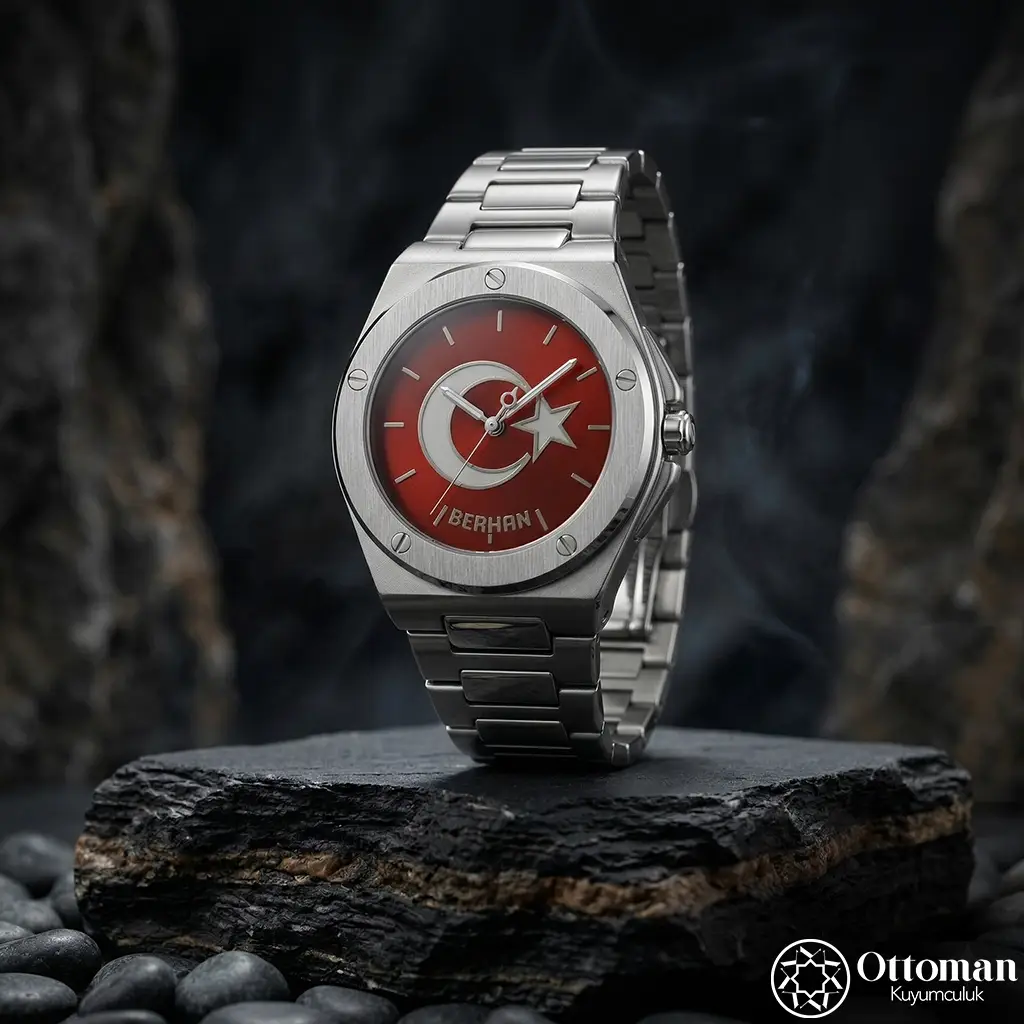 Star and Crescent Personalized Silver Dial Wristwatch