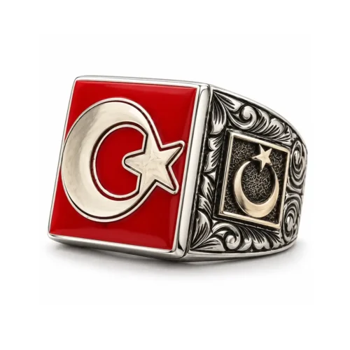 Türk Bayraklı Gümüş Oksitli Yüzük Ay Yıldızlı Gümüş Yüzük