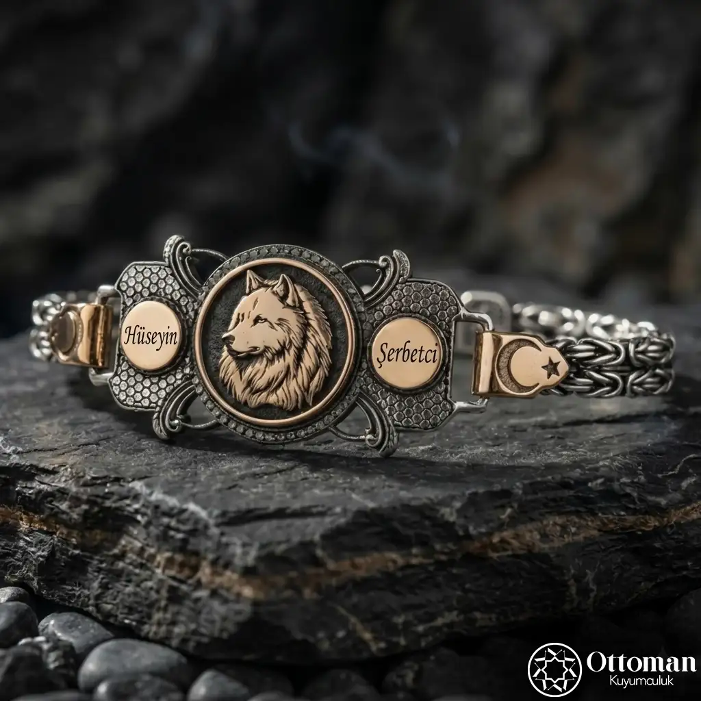 Personalized Grey Wolf Figured Silver Bracelet