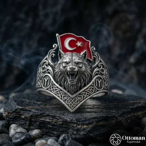 Mineli Türk Bayraklı Bozkurt ve Kayı Gümüş Yüzük