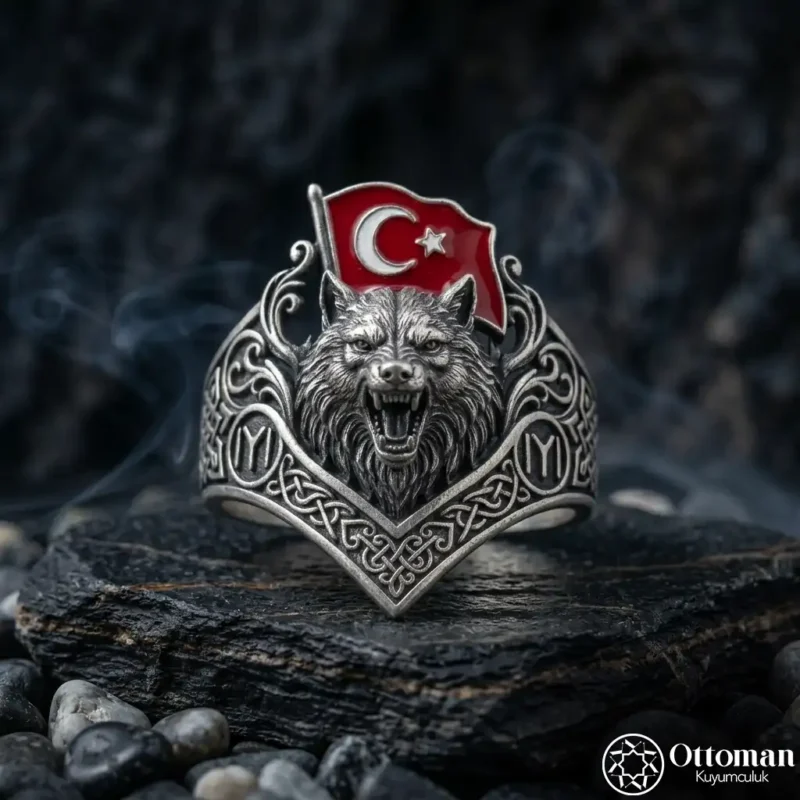 Mineli Türk Bayraklı Bozkurt ve Kayı Gümüş Yüzük